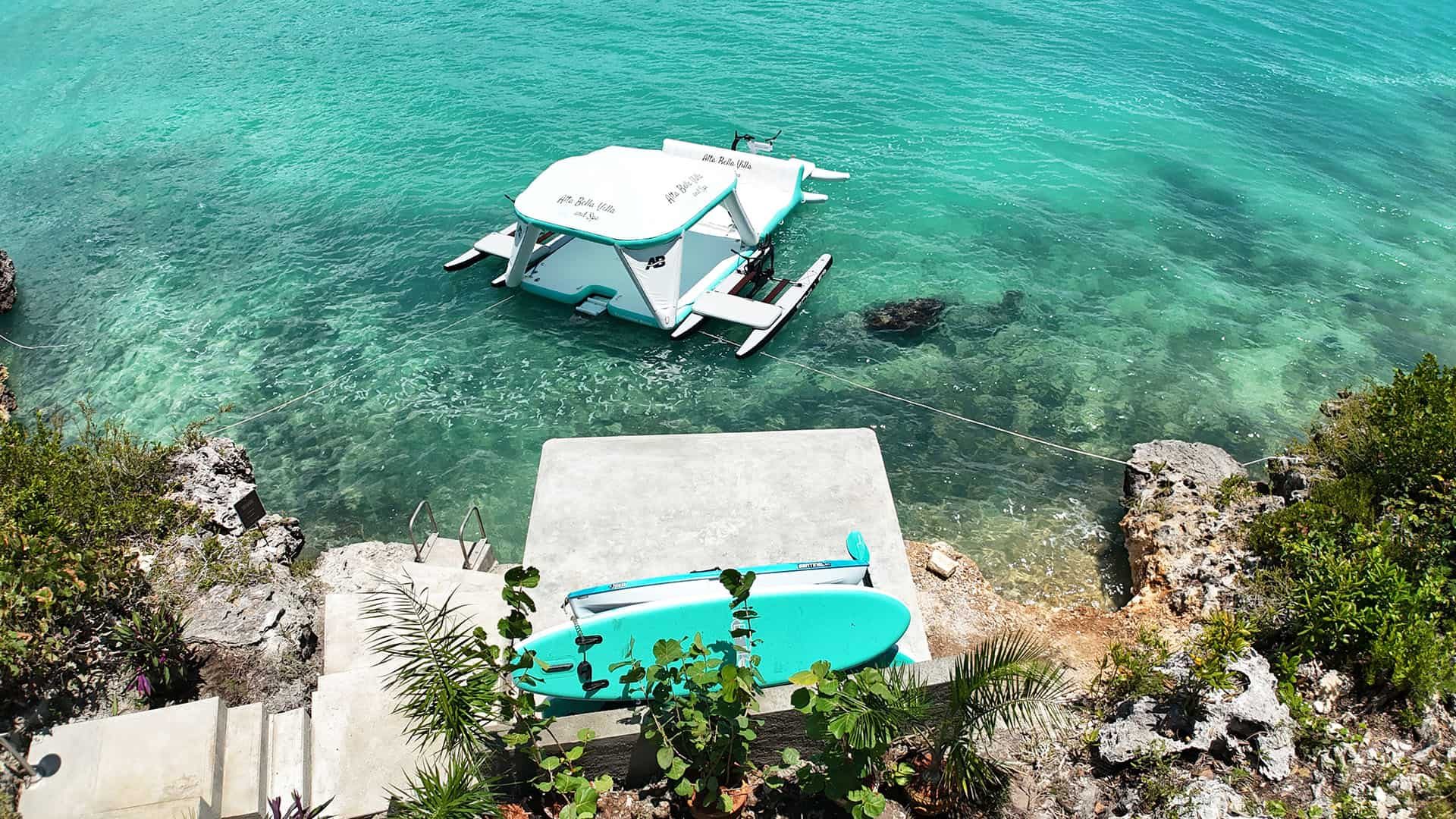 Villa view of the Ocean Deck and floating AquaBanas Lounge and Schiller Bikes