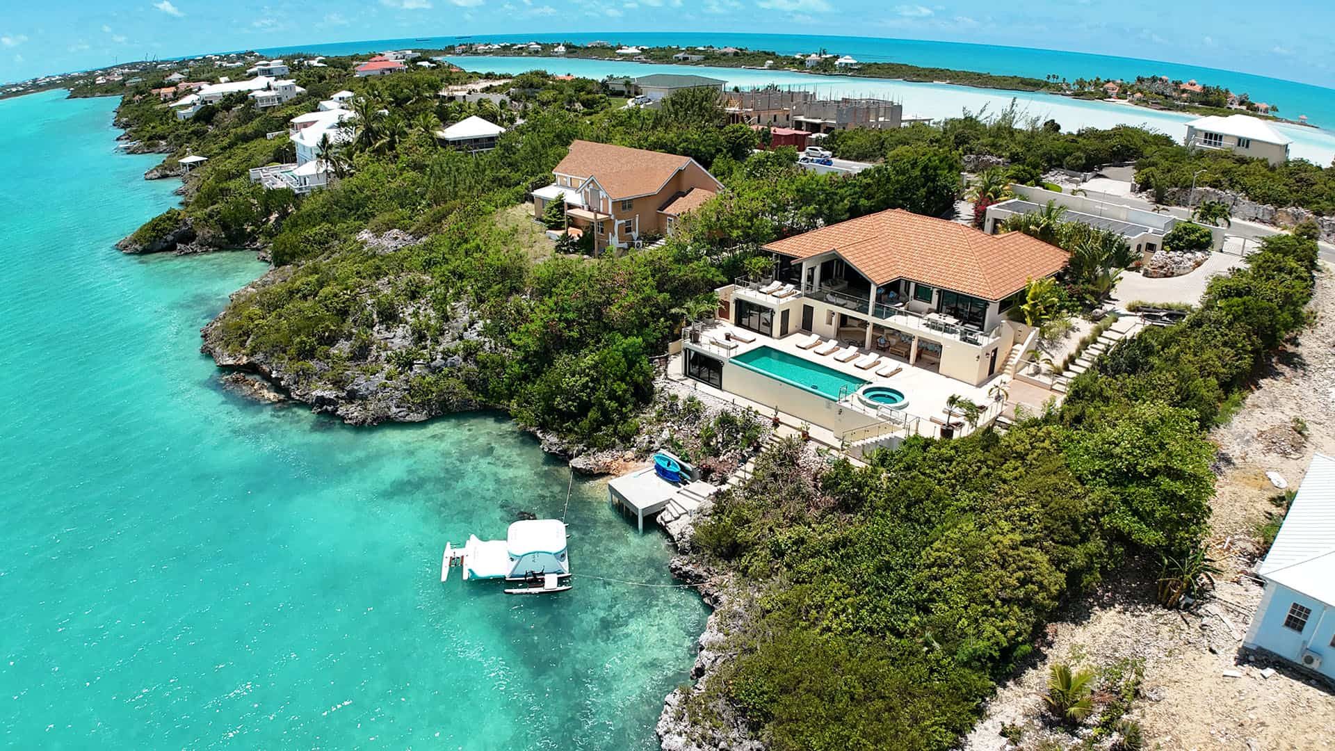 Bird's eye view of Alta Bella Villa and the Chalk Sound neighborhood